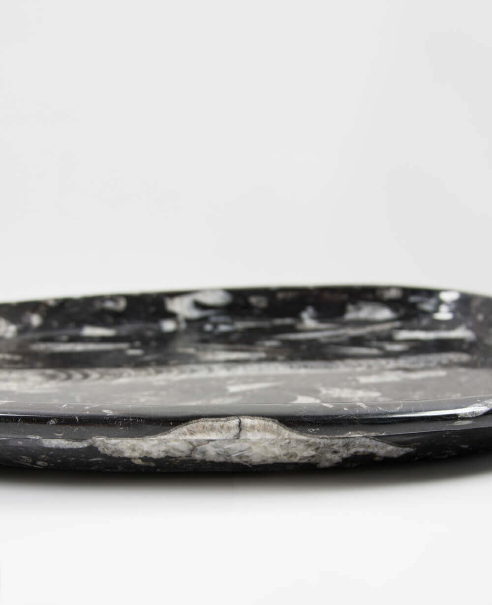 A stunning hand-crafted Devonian marble fossil and quartz mineral bowl for sale for luxury dining measuring 559mm