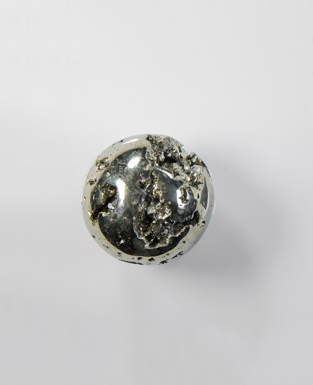 Beautifully presented pyrite sphere mineral for sale measuring 60mm on a custom designed brushed steel stand