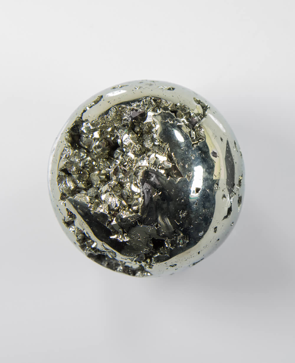 Beautifully presented pyrite sphere mineral for sale measuring 60mm on a custom designed brushed steel stand