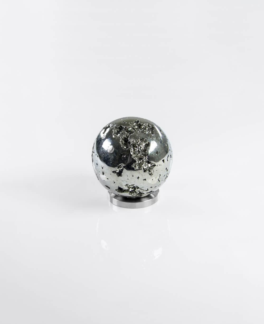 Beautifully presented pyrite sphere mineral for sale measuring 60mm on a custom designed brushed steel stand