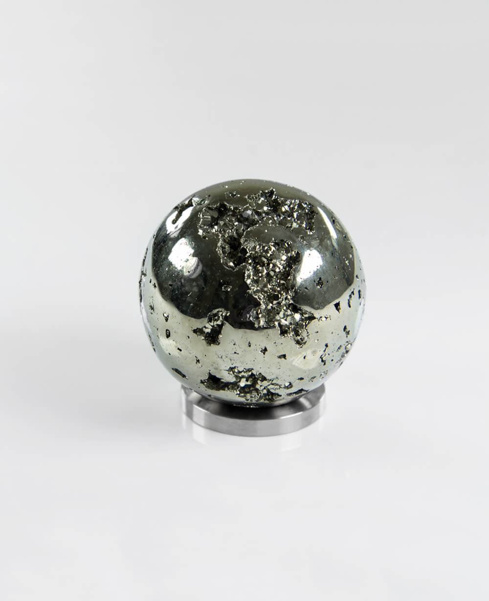 Beautifully presented pyrite sphere mineral for sale measuring 60mm on a custom designed brushed steel stand