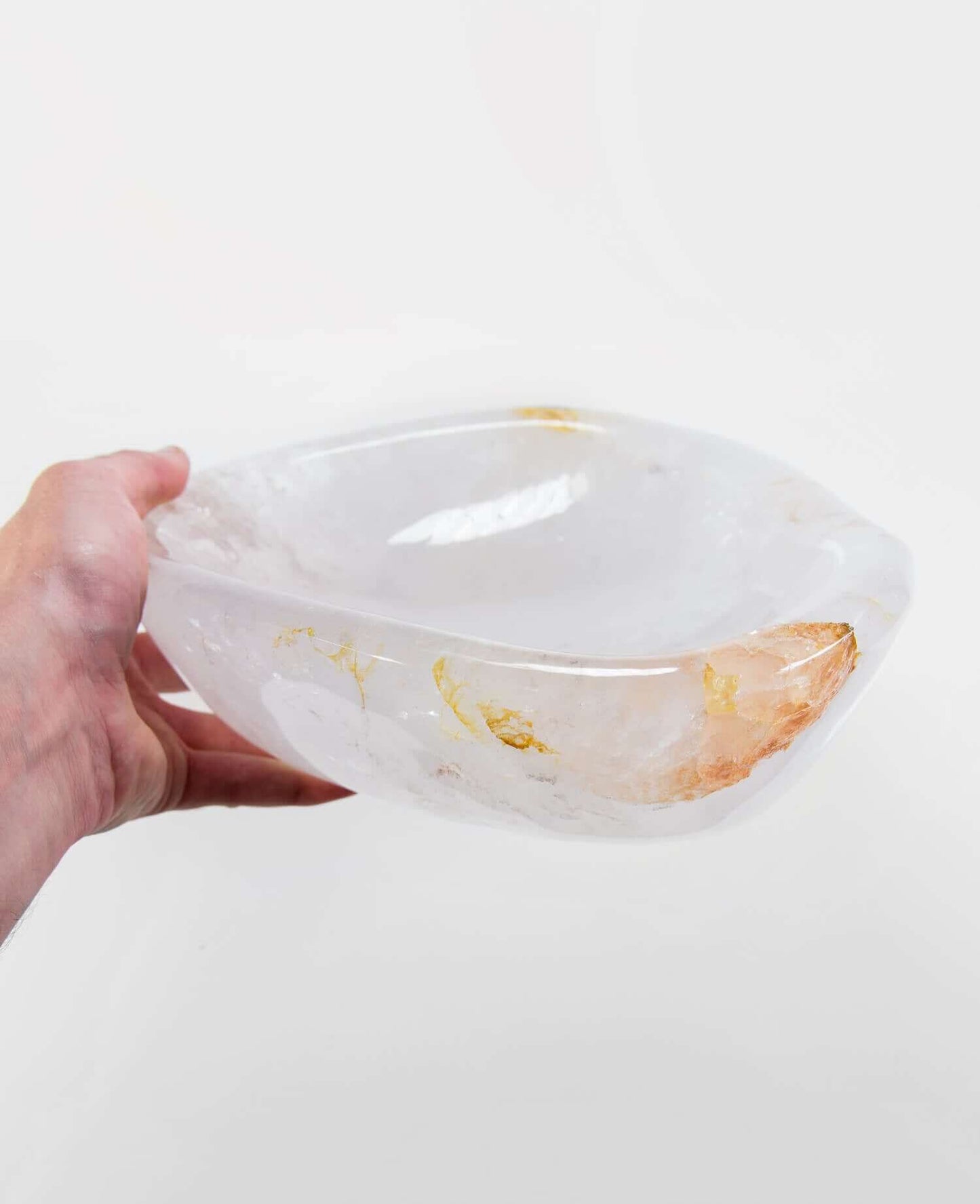 A stunning hand-crafted white crystal quartz mineral bowl for sale designed for luxury interior spaces measuring 260mm