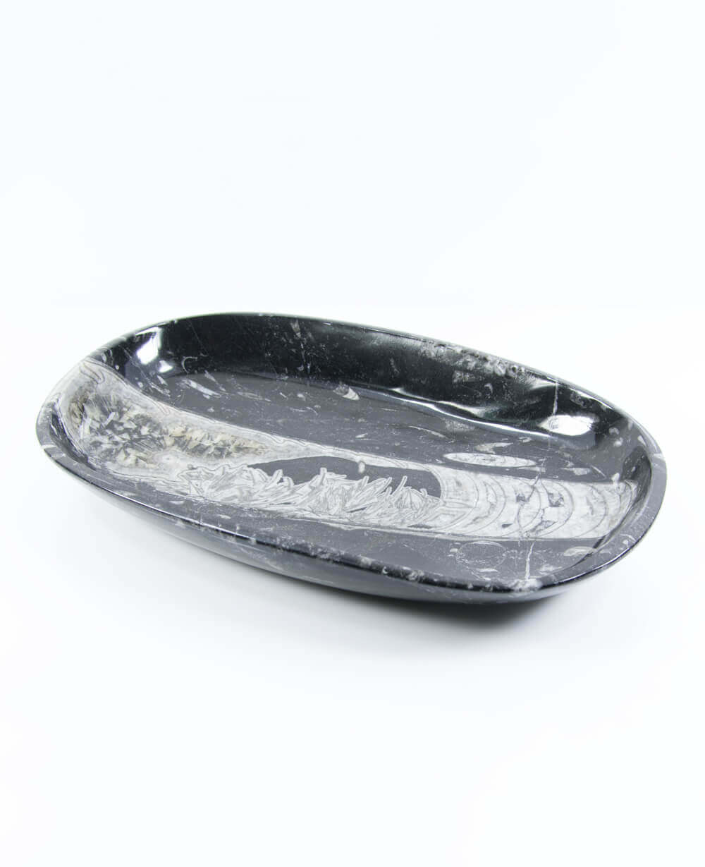 A stunning hand-crafted Devonian marble fossil and quartz mineral bowl for sale for luxury dining measuring 285mm