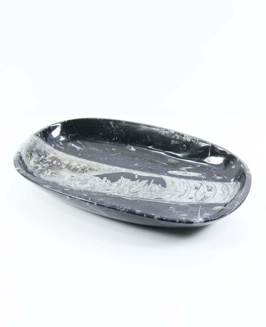 A stunning hand-crafted Devonian marble fossil and quartz mineral bowl for sale for luxury dining measuring 285mm