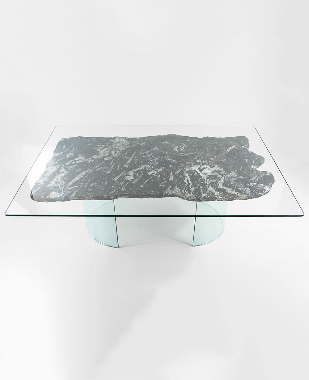 A stunning hand-crafted nautilus fossil marble square tabletop for sale for luxury dining measuring 1.2 meters