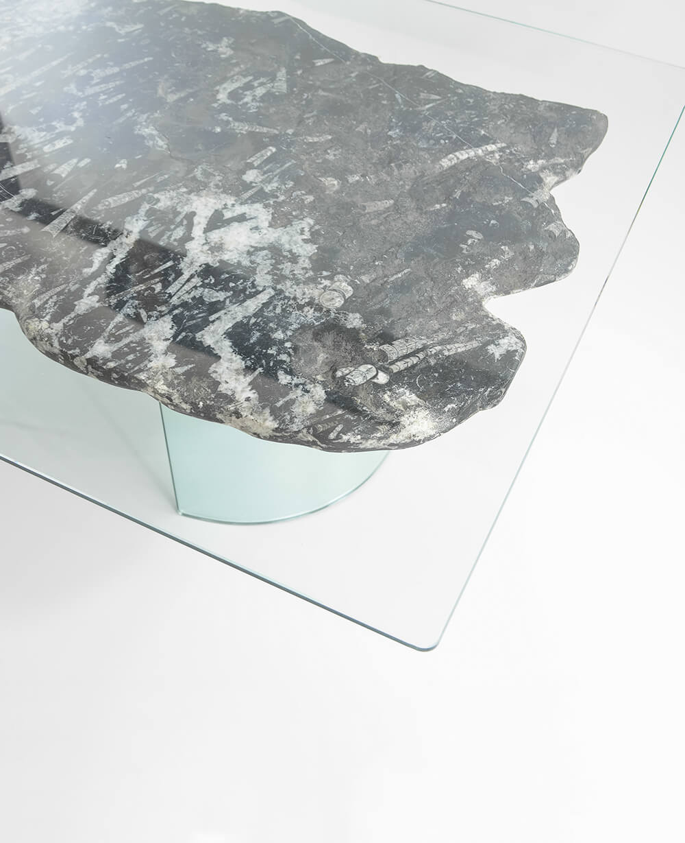 A stunning hand-crafted nautilus fossil marble square tabletop for sale for luxury dining measuring 1.2 meters