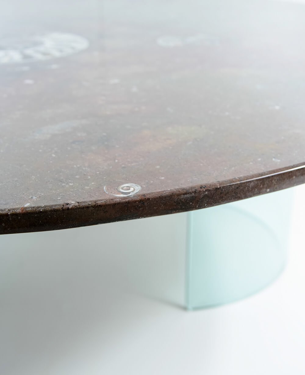 A stunning hand-crafted fossil marble and quartz round tabletop for sale for luxury dining measuring 1.3 meters