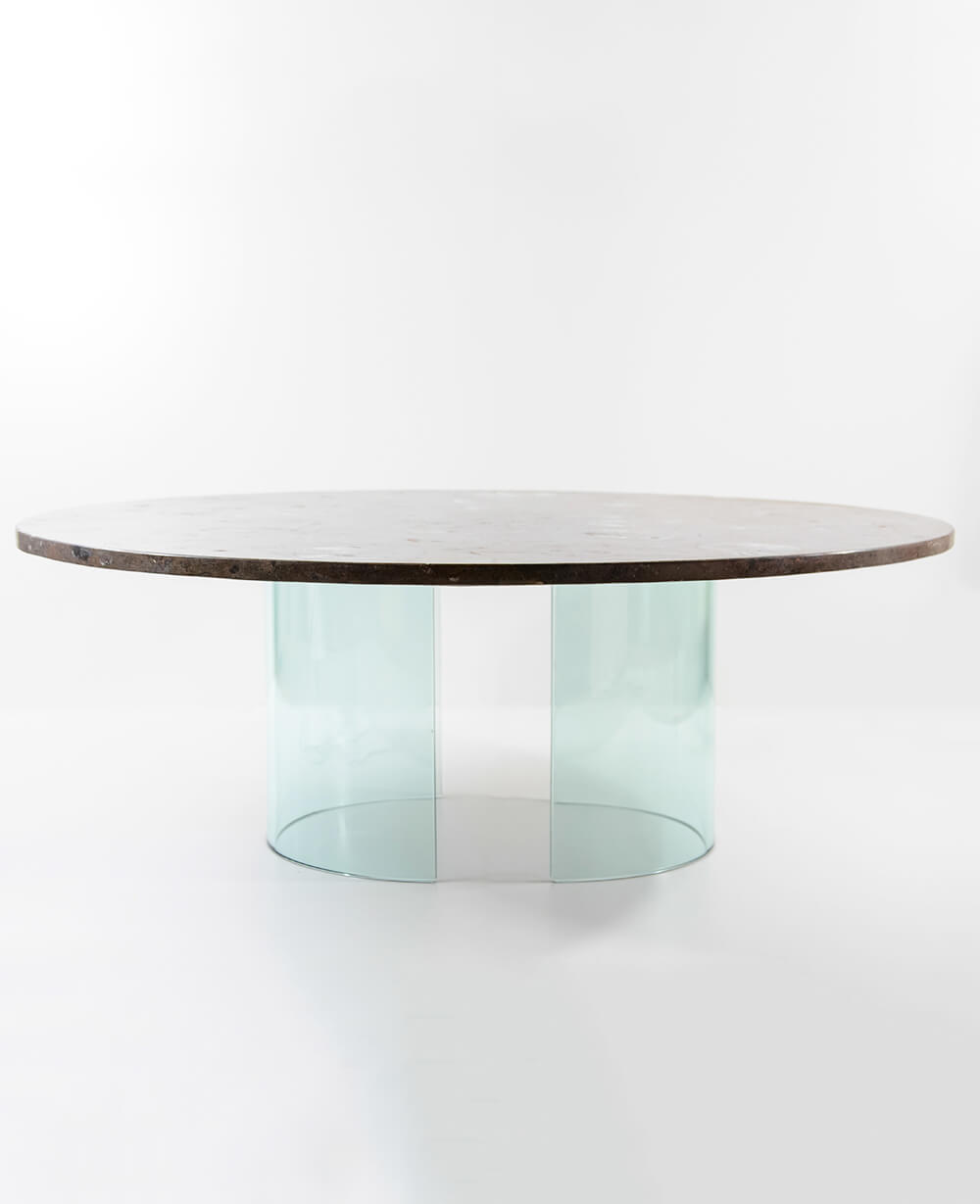 A stunning hand-crafted fossil marble and quartz round tabletop for sale for luxury dining measuring 1.2 meters