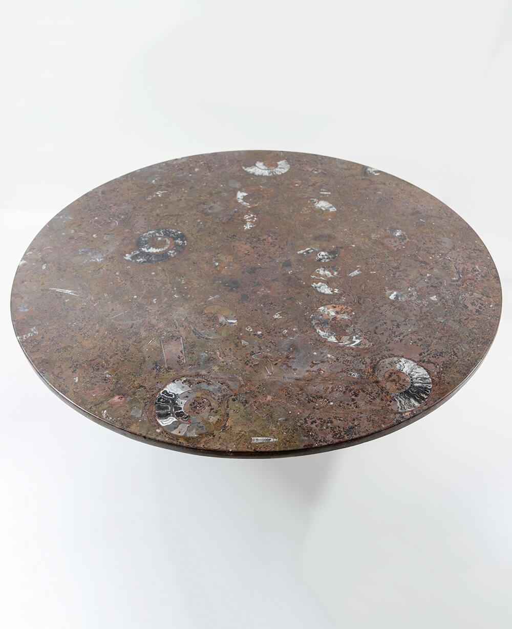 A stunning hand-crafted fossil marble and quartz round tabletop for sale for luxury dining measuring 1.2 meters