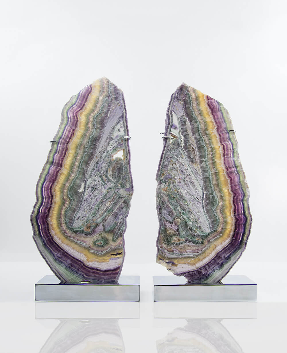 Fluorite And Chrome LampsA stunning pair of mineral Fluorite sliced slabs presented on two chrome lamp stands for interior spaces